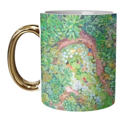Tropical Vacay | Rainforest Jungle Botanical Lush Nature | Summer Lake People Swim | Boho Painting - unique mug by Uma Prabhakar Gokhale