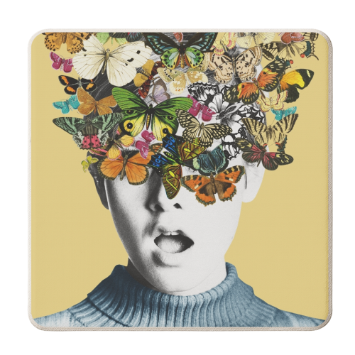Twiggy Surprise Butterflies Yellow - personalised beer coaster by Frida Floral Studio