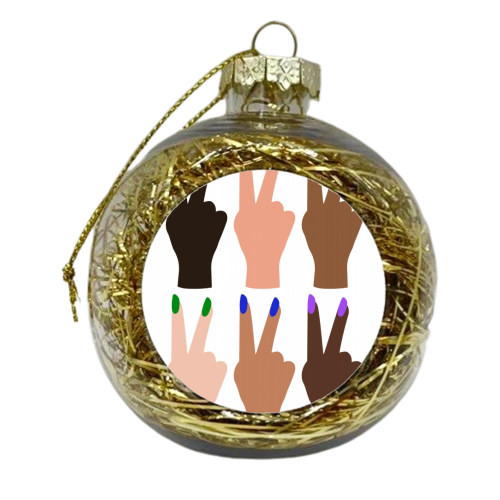 United Diversity Peace Signs Rainbow Nails - xmas bauble by Toni Scott