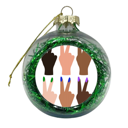 United Diversity Peace Signs Rainbow Nails - xmas bauble by Toni Scott