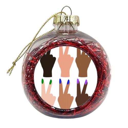 United Diversity Peace Signs Rainbow Nails - xmas bauble by Toni Scott