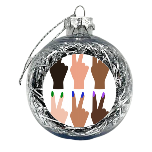 United Diversity Peace Signs Rainbow Nails - xmas bauble by Toni Scott
