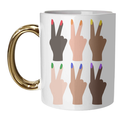 United Diversity Peace Signs Rainbow Nails - unique mug by Toni Scott