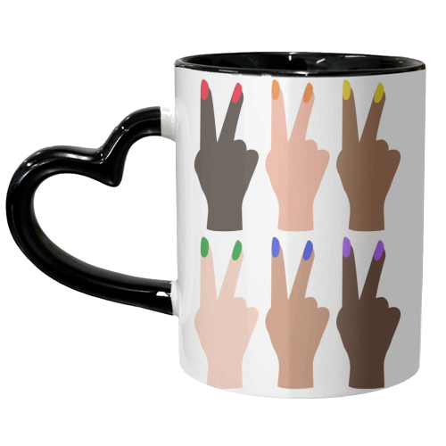 United Diversity Peace Signs Rainbow Nails - unique mug by Toni Scott