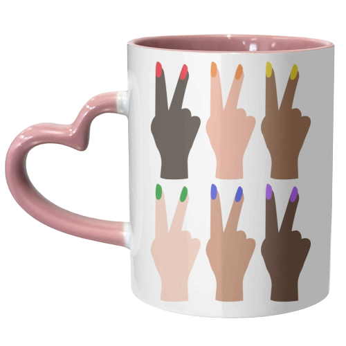 United Diversity Peace Signs Rainbow Nails - unique mug by Toni Scott