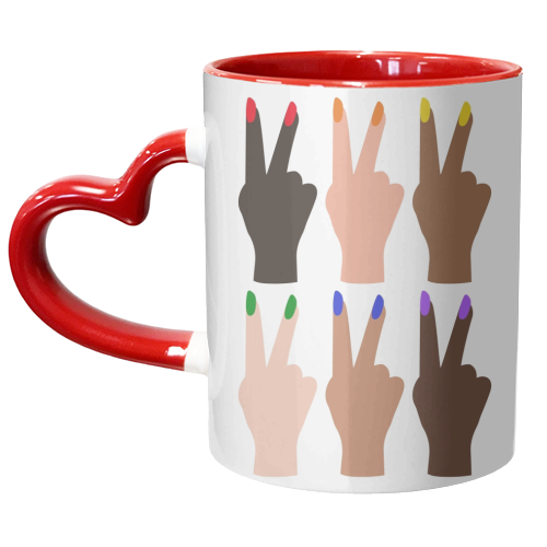United Diversity Peace Signs Rainbow Nails - unique mug by Toni Scott