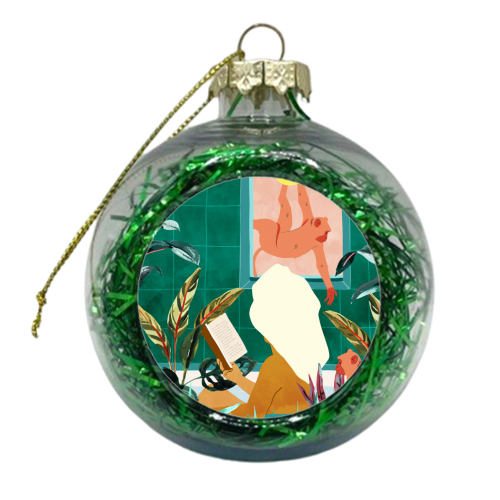 Urban Jungle Bath | Tropical Modern Bohemian Woman Bathtub | Pet Monkey Wild Animals Moon Watercolor - xmas bauble by Uma Prabhakar Gokhale