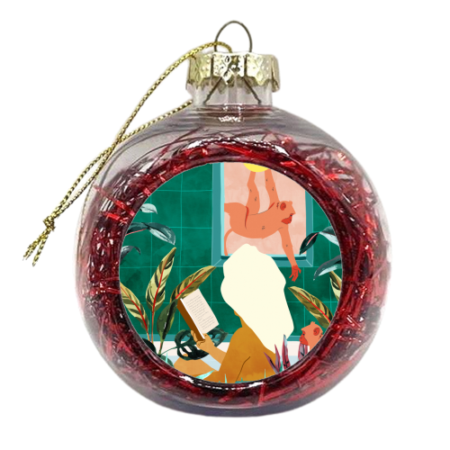 Urban Jungle Bath | Tropical Modern Bohemian Woman Bathtub | Pet Monkey Wild Animals Moon Watercolor - xmas bauble by Uma Prabhakar Gokhale