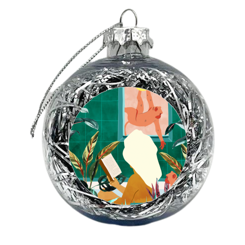 Urban Jungle Bath | Tropical Modern Bohemian Woman Bathtub | Pet Monkey Wild Animals Moon Watercolor - xmas bauble by Uma Prabhakar Gokhale