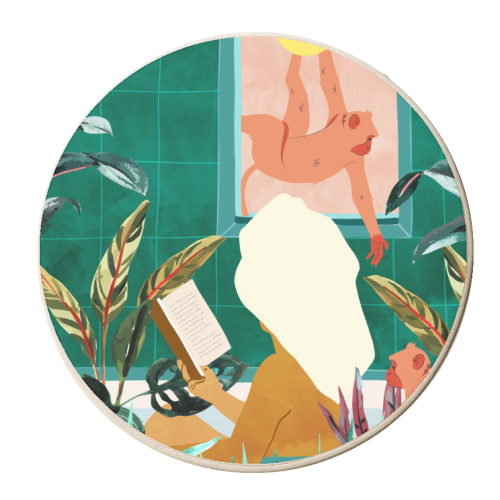 Urban Jungle Bath | Tropical Modern Bohemian Woman Bathtub | Pet Monkey Wild Animals Moon Watercolor - personalised beer coaster by Uma Prabhakar Gokhale