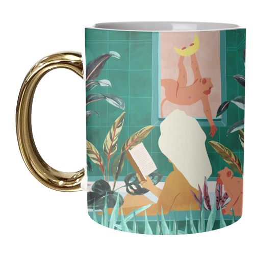 Urban Jungle Bath | Tropical Modern Bohemian Woman Bathtub | Pet Monkey Wild Animals Moon Watercolor - unique mug by Uma Prabhakar Gokhale