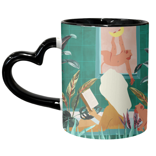 Urban Jungle Bath | Tropical Modern Bohemian Woman Bathtub | Pet Monkey Wild Animals Moon Watercolor - unique mug by Uma Prabhakar Gokhale