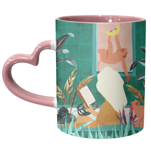 Urban Jungle Bath | Tropical Modern Bohemian Woman Bathtub | Pet Monkey Wild Animals Moon Watercolor - unique mug by Uma Prabhakar Gokhale