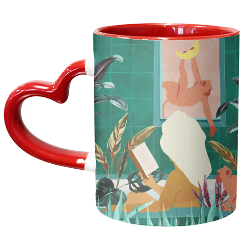Urban Jungle Bath | Tropical Modern Bohemian Woman Bathtub | Pet Monkey Wild Animals Moon Watercolor - unique mug by Uma Prabhakar Gokhale