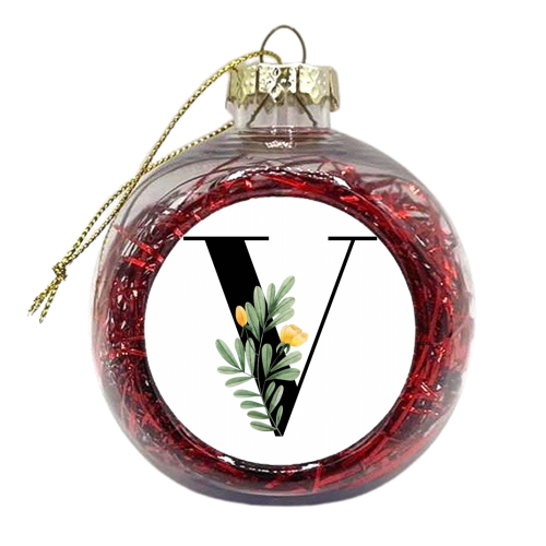 V Floral Letter Initial - xmas bauble by Toni Scott