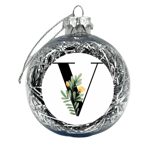 V Floral Letter Initial - xmas bauble by Toni Scott