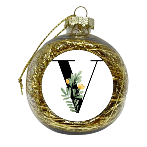 V Floral Letter Initial - xmas bauble by Toni Scott