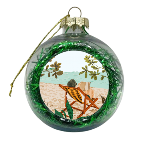 Vacay Book Club, Beach Tropical Ocean Travel Reading Illustration, Pastel Sea Vacation Holiday - xmas bauble by Uma Prabhakar Gokhale
