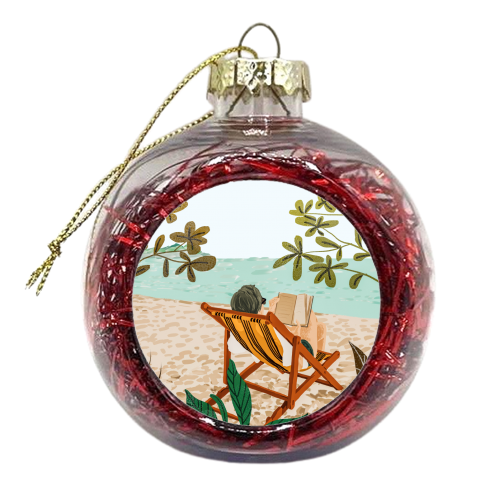 Vacay Book Club, Beach Tropical Ocean Travel Reading Illustration, Pastel Sea Vacation Holiday - xmas bauble by Uma Prabhakar Gokhale