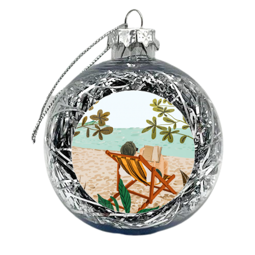 Vacay Book Club, Beach Tropical Ocean Travel Reading Illustration, Pastel Sea Vacation Holiday - xmas bauble by Uma Prabhakar Gokhale