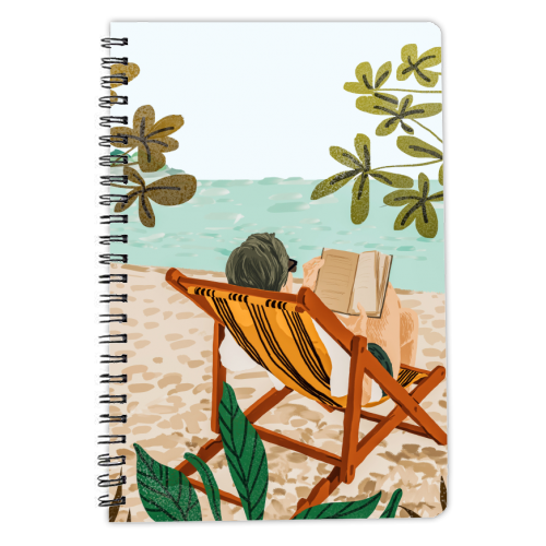 Vacay Book Club, Beach Tropical Ocean Travel Reading Illustration, Pastel Sea Vacation Holiday - personalised A4, A5, A6 notebook by Uma Prabhakar Gokhale