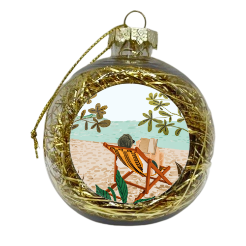 Vacay Book Club, Beach Tropical Ocean Travel Reading Illustration, Pastel Sea Vacation Holiday - xmas bauble by Uma Prabhakar Gokhale