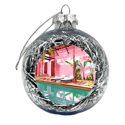 Vacay Villa | Blush Pink Summer Architecture | Tropical Travel Building | Palm Bohemian Resort - xmas bauble by Uma Prabhakar Gokhale