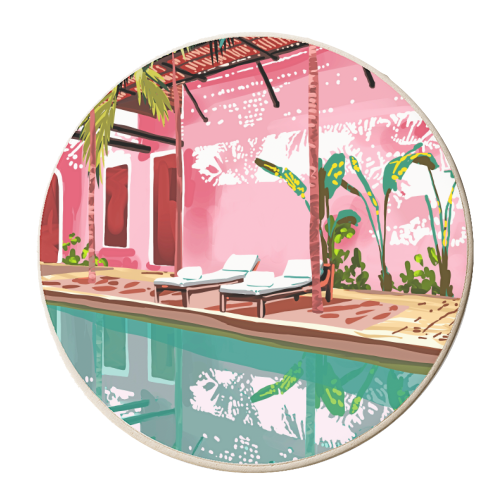 Vacay Villa | Blush Pink Summer Architecture | Tropical Travel Building | Palm Bohemian Resort - personalised beer coaster by Uma Prabhakar Gokhale