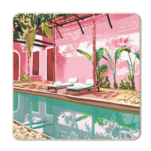 Vacay Villa | Blush Pink Summer Architecture | Tropical Travel Building | Palm Bohemian Resort - personalised beer coaster by Uma Prabhakar Gokhale