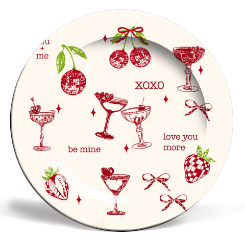 Valentines Coquette Cherry Disco Cocktail Illustration - ceramic dinner plate by EZbie