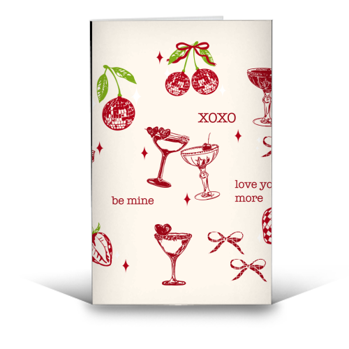 Valentines Coquette Cherry Disco Cocktail Illustration - funny greeting card by EZbie