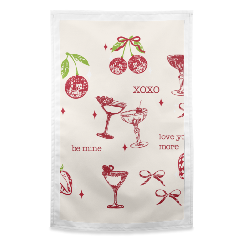 Valentines Coquette Cherry Disco Cocktail Illustration - funny tea towel by EZbie
