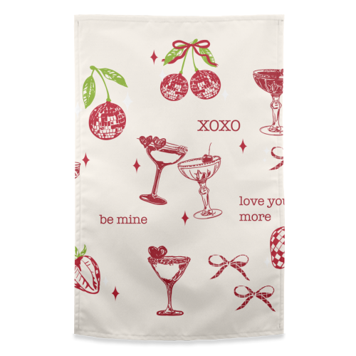 Valentines Coquette Cherry Disco Cocktail Illustration - funny tea towel by EZbie