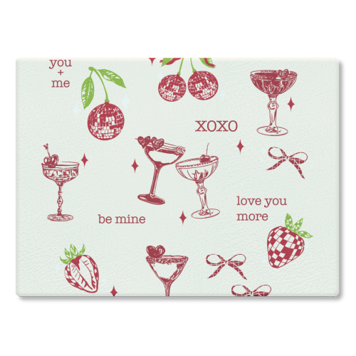 Valentines Coquette Cherry Disco Cocktail Illustration - glass chopping board by EZbie