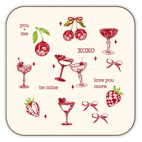 Valentines Coquette Cherry Disco Cocktail Illustration - personalised beer coaster by EZbie