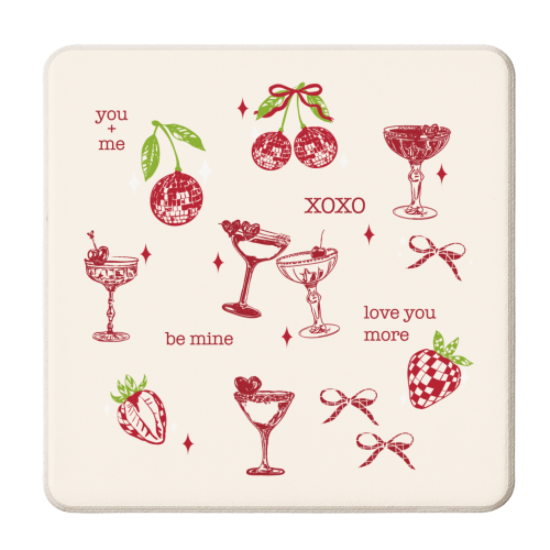 Valentines Coquette Cherry Disco Cocktail Illustration - personalised beer coaster by EZbie