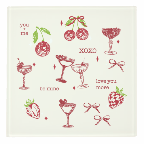 Valentines Coquette Cherry Disco Cocktail Illustration - personalised beer coaster by EZbie