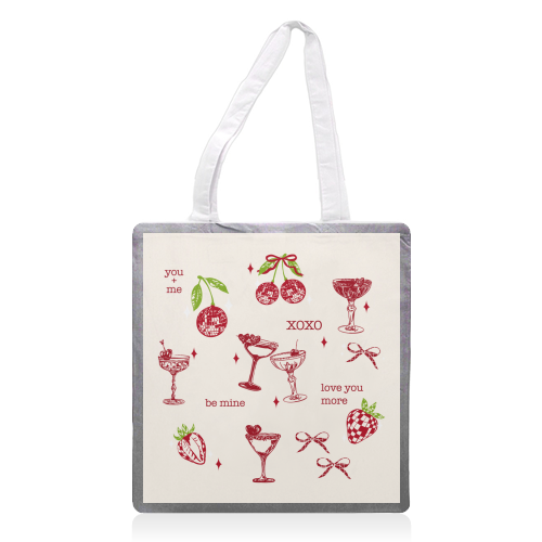 Valentines Coquette Cherry Disco Cocktail Illustration - printed canvas tote bag by EZbie