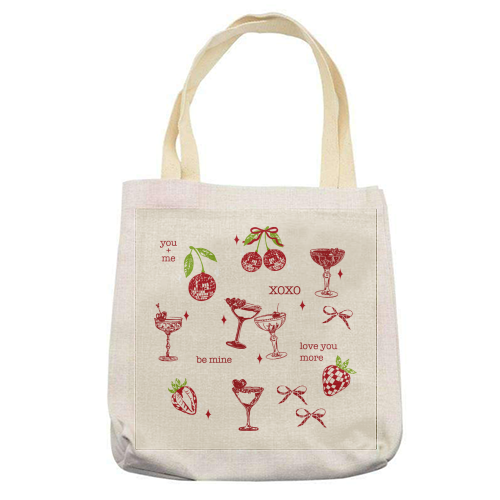 Valentines Coquette Cherry Disco Cocktail Illustration - printed canvas tote bag by EZbie
