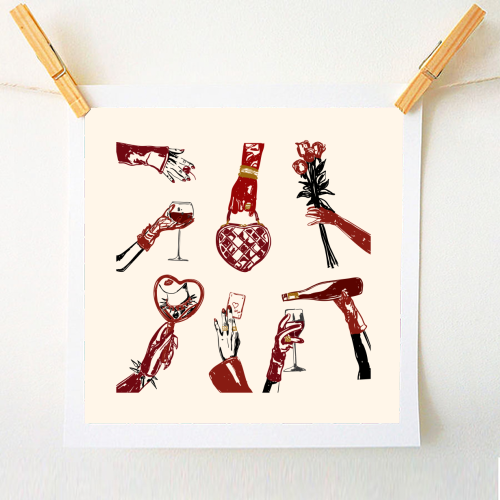 Valentine's Illustration: Hand with Roses, Champagne & Bag - A1 - A4 art print by EZbie