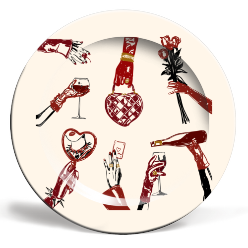 Valentine's Illustration: Hand with Roses, Champagne & Bag - ceramic dinner plate by EZbie