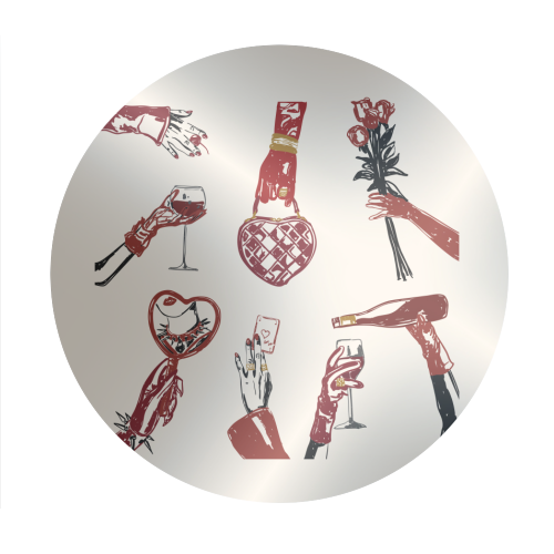 Valentine's Illustration: Hand with Roses, Champagne & Bag - Circle Sticker by EZbie