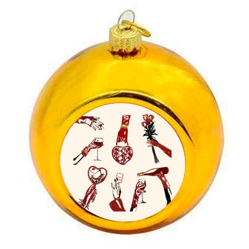 Valentine's Illustration: Hand with Roses, Champagne & Bag - colourful christmas bauble by EZbie