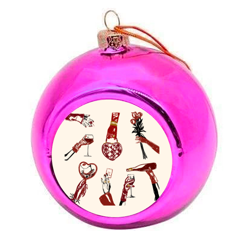 Valentine's Illustration: Hand with Roses, Champagne & Bag - colourful christmas bauble by EZbie