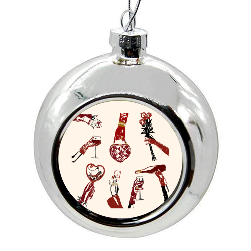 Valentine's Illustration: Hand with Roses, Champagne & Bag - colourful christmas bauble by EZbie