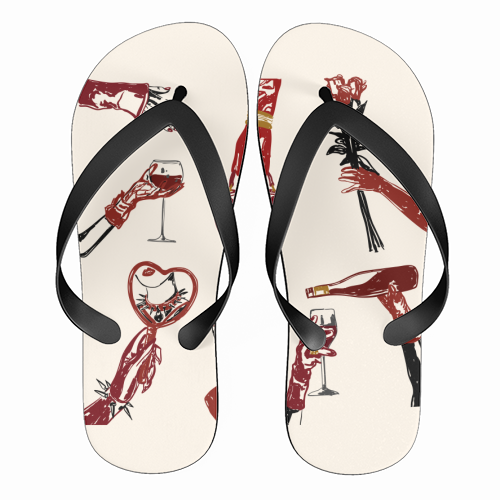 Valentine's Illustration: Hand with Roses, Champagne & Bag - funny flip flops by EZbie