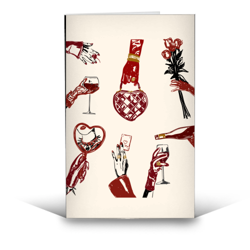 Valentine's Illustration: Hand with Roses, Champagne & Bag - funny greeting card by EZbie