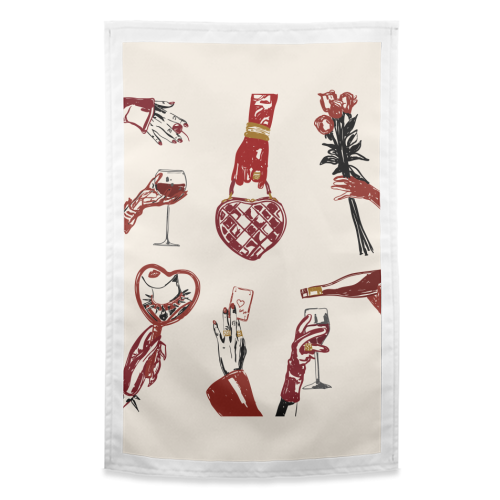 Valentine's Illustration: Hand with Roses, Champagne & Bag - funny tea towel by EZbie