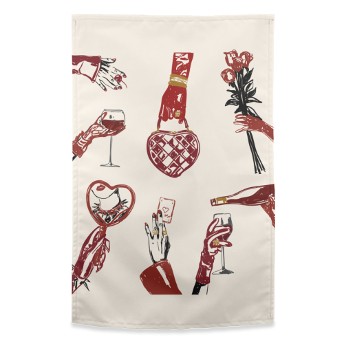 Valentine's Illustration: Hand with Roses, Champagne & Bag - funny tea towel by EZbie
