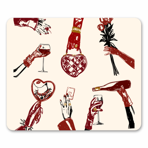 Valentine's Illustration: Hand with Roses, Champagne & Bag - mouse mat by EZbie